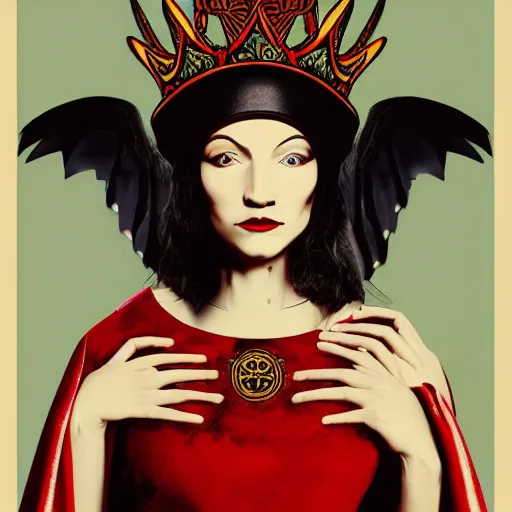 Image similar to Illustrated by Shepard Fairey and H.R. Geiger | a renaissance style portrait painting of raven winged female vampire in VR helmet, wearing a crown and cape, dark background