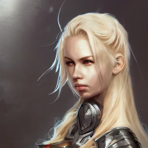 Prompt: a heavily armored blonde woman, aura of magic around her, gloomy atmosphere, trending on artstation, hyper detailed