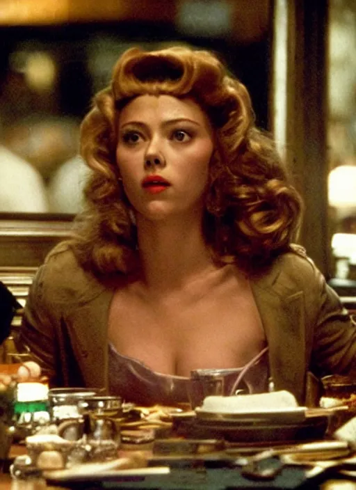 Image similar to movie still of a scarlett johannson with a very big bust sitting at a table in goodfellas, directed by martin scorsese