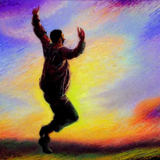 Image similar to arab man with curly hair skydiving alone, centered, pastel colors, peaceful, impressionist painting, figurative painting, intricate details, sunset