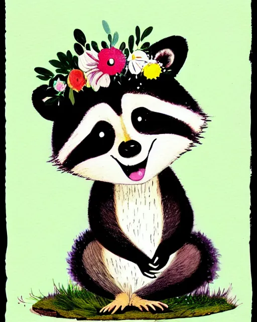 Image similar to a watecolor painting of a smiling happy cute raccoon wearing a flower crown, by antoine de saint - exupery and annabel kidston and naomi okubo and jean - baptiste monge. a child storybook illustration, muted colors, soft colors, low saturation, fine lines, white paper