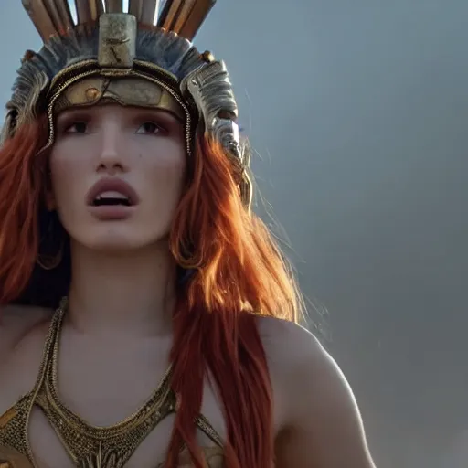 Image similar to bella thorne as the goddess of war in a battlefield, ground mist, cinematic