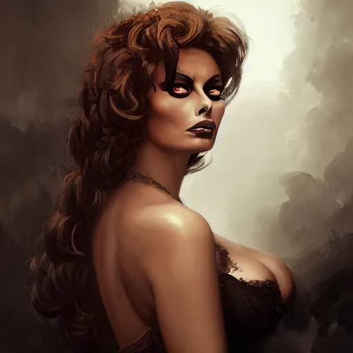 Image similar to closeup portrait of a young and beautiful sophia loren in gothic clothing, dramatic light, gorgeous view, depth, high detail, digital art, painted by greg rutkowski and seb mckinnon, by tim burton, trending on artstation
