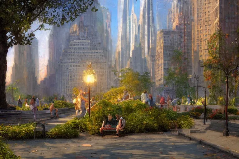 Image similar to A park in new york city, summer season, bright scene, highly detailed, intricate, sharp details, dystopian mood, 1950 scene by gaston bussiere, craig mullins, warm lighting, drawn by Giacomo Burattini, inspired by graphic novel cover art, hyperrealistic, 8k by RHADS