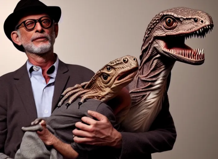 Image similar to jeff golblum holding a baby velociraptor in his arms, ultra realistic, cinematic