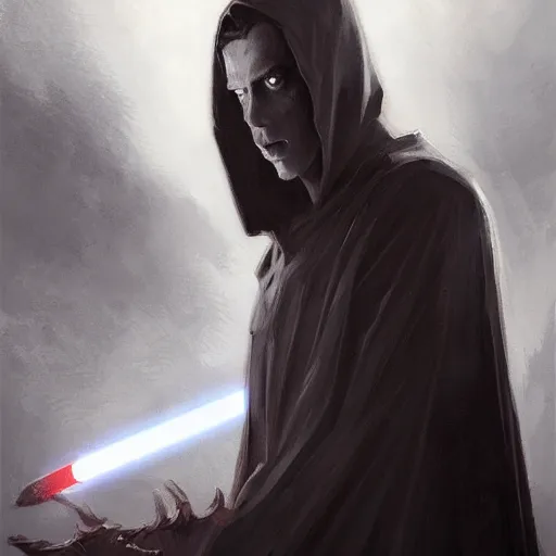 Image similar to portrait of a man by greg rutkowski, sith kinght, he looks like a vampire, long black messy hair, very tall and slender, star wars expanded universe, wearing black robes, he is about 3 0 years old, highly detailed portrait, digital painting, artstation, concept art, smooth, sharp foccus ilustration, artstation hq