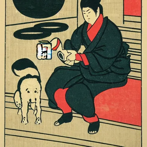 Prompt: Japanese woodblock print of a barista and his westie making espresso