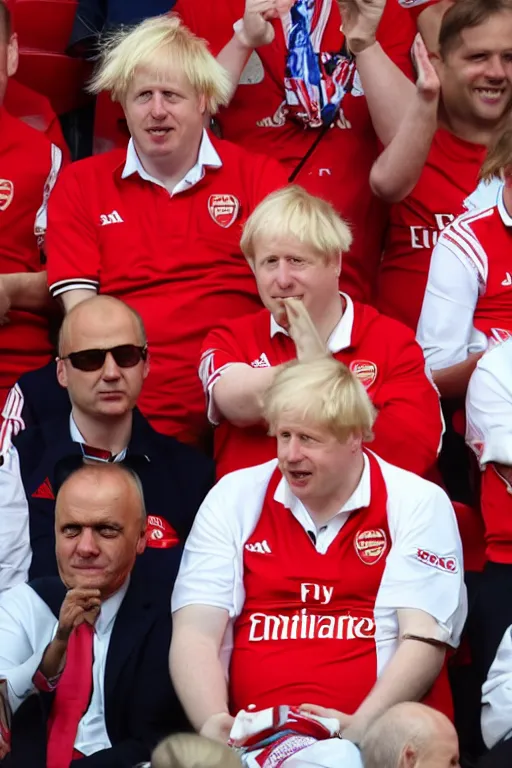 Image similar to boris johnson in the stadium wearing the red and white arsenal shirt, photographed, sunny day, portrait, photographic