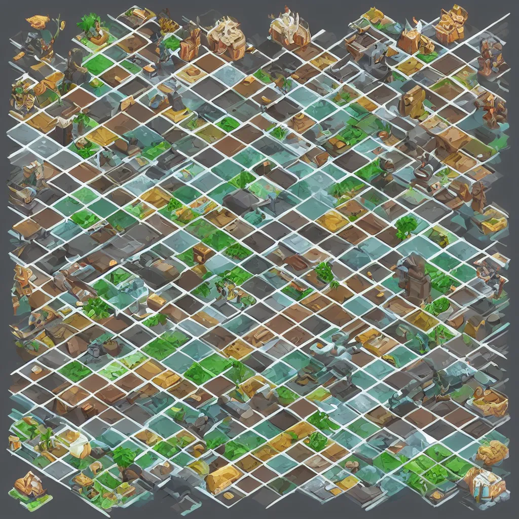 Prompt: isometric tileset pack for magic resource gathering game, png