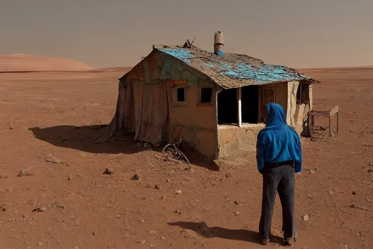 Image similar to an old rickety Soviet village house stands alone on Mars next to which a local resident stands and waves his hand, colourful