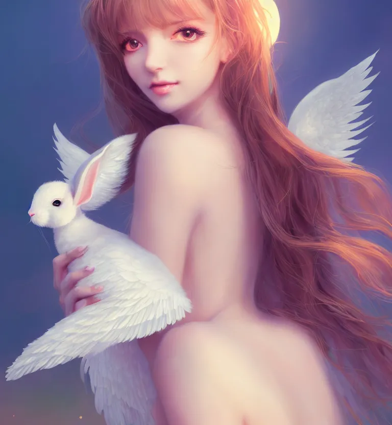 Prompt: Portrait of a cute elegant woman with angelic white wings on her back, holding a magical rabbit, luxurious neckless, sunset, warm spring, slim face, detailed face, centered close-up, fantasy, anime, vibrant, colorful, depth of field, intricate details, trending on ArtStation, Deviantart, by WLOP