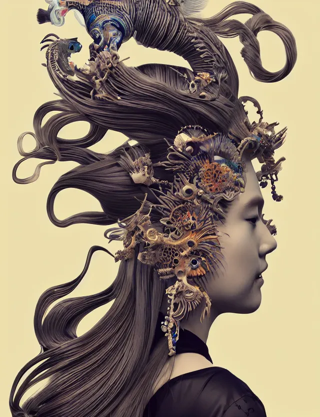 Image similar to 3 d slvic goddess half - turn portrait with long hair with ram skull. beautiful intricately detailed japanese crow kitsune mask and clasical japanese kimono. betta fish, jellyfish phoenix, bio luminescent, plasma, ice, water, wind, creature, artwork by tooth wu and wlop and beeple and greg rutkowski