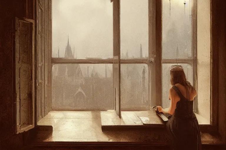 Prompt: figure looking through a wide window, castle library, nightfall, lonely, photorealistic by michael komarck, greg rutkowski, victo ngai, artgerm, willem claesz heda