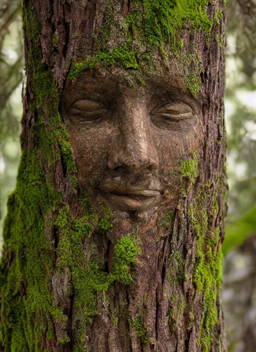 Prompt: photograph of hyperrealistic detailed ancient face in a tree covered with thick bark and moss