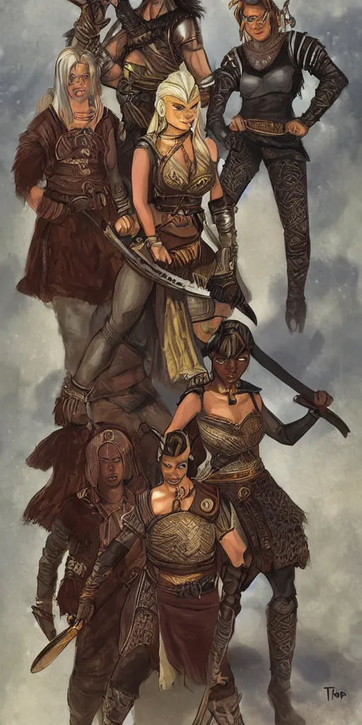 Prompt: female thief and a large young male warrior, and a young female african warrior, d & d, fantasy, portrait, in travis charestart style