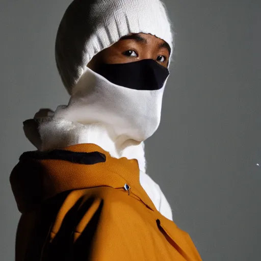 Image similar to realistic! photoshoot for a new the north face lookbook, color film photography, portrait of a beautiful woman wearing a balaclava mask, photo in style of tyler mitchell, 35mm lens