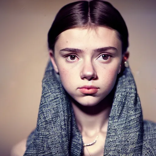 Image similar to dramtically lit, high quality studio photo of a girl who looks like 16-year old Audrey Hepburn and Scarlett Johansson, with parted lips and stunning, anxious eyes, wearing a shawl, by Steve McCurry