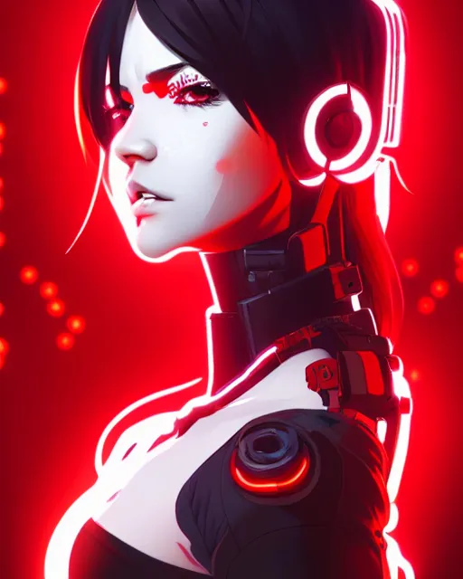 Image similar to a detailed potrait of a cyberpunk cyborg girl with black and red parts, perfect face, realistic shaded perfect face, detailed. night setting. very anime style. realistic shaded lighting poster by ilya kuvshinov katsuhiro, unreal engine, global illumination, radiant light, detailed and intricate environment