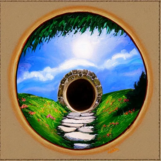 Prompt: landscape painting of bag end hobbit hole, round door, tolkein, lord of the rings, painting by bob ross