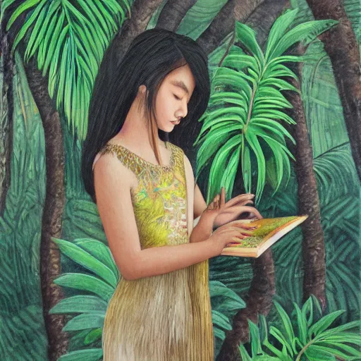 Prompt: a girl in a jungle with book, her hair flowing down, subtle, intricate details, real masterpiece, oil on canvas, by somsak anong