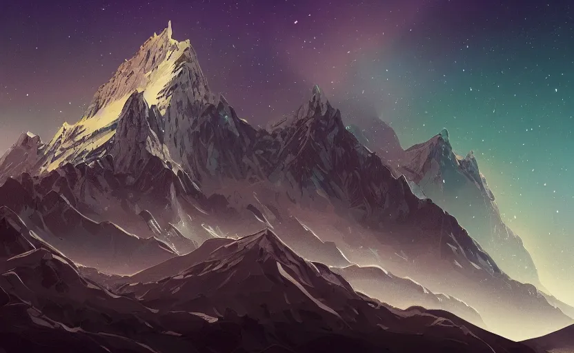 Image similar to mountains, stars filled sky, artstation, intricate, highly detailed, digital painting, concept art, sharp focus, illustration by Sergio Santamaría