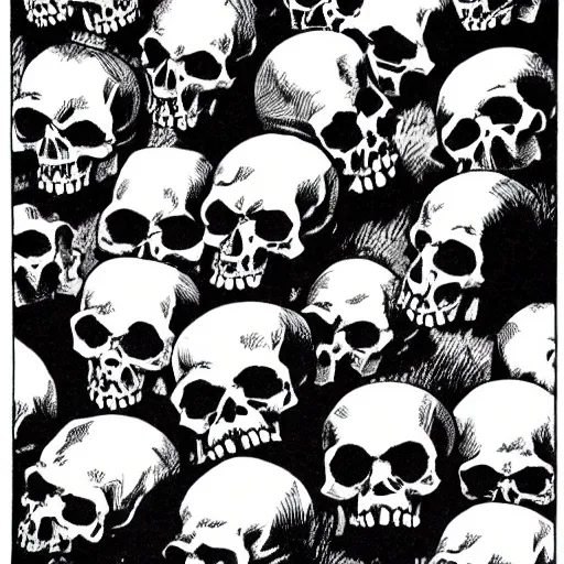 Image similar to Skulls lying under a dead tree. Close Up Shot, Dark Fantasy, Film Noir, Black and White. High Contrast, Mike Mignola, D&D, OSR