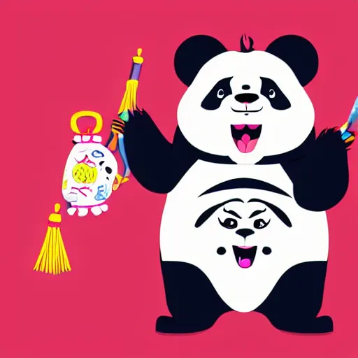 Image similar to a character design of a cute panda with a chinese lion dance head, chinese style, trend, cartoon 2 d style illustration