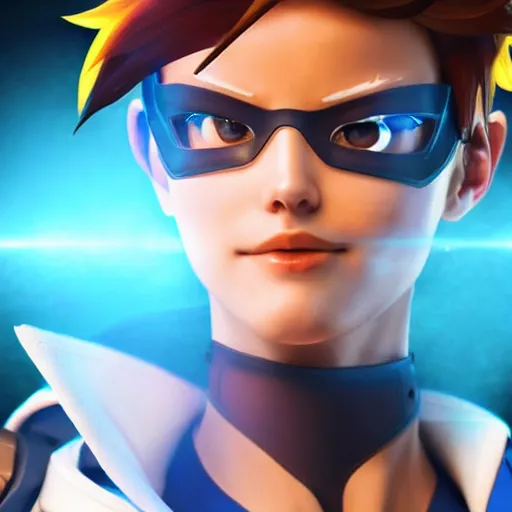Prompt: tracer from overwatch as human photograph, close - up, detailed, publicity
