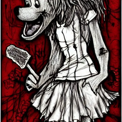 Image similar to grunge drawing of cartoon bloody winnie the pooh by mrrevenge, corpse bride style, horror themed, detailed, elegant, intricate