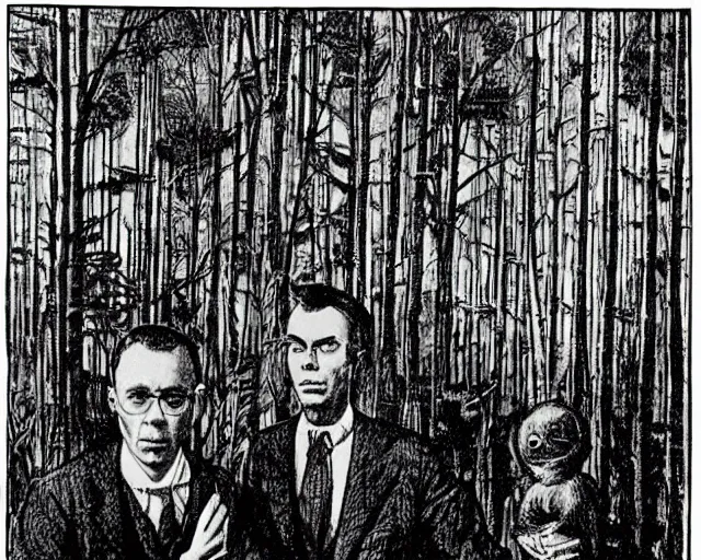 Prompt: edgar cayce and aldous huxley in a forest