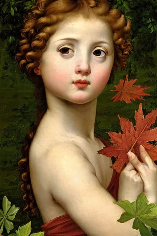 Image similar to renaissance painting of young girl in the garden, closeup, curly long hair, face closeup, emotions closeup, dressed in roman armour, the beautiful garden with maple leaves everywhere, ultra detailed, art by guido reni style, vincenzo catena style