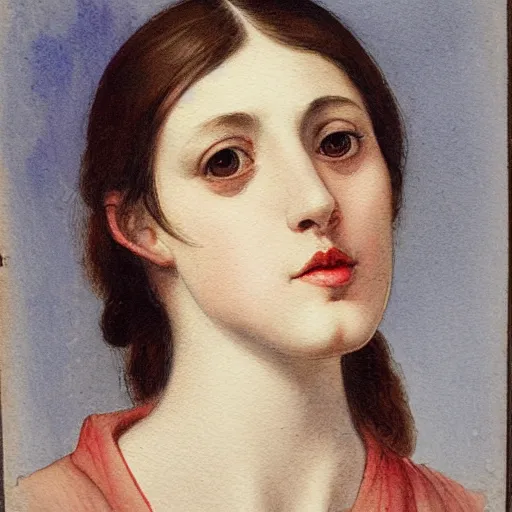Prompt: colored portrait. a very unique watercolor painting profile, 3 / 4, medium shot. a straight and long nose, and huge prominent eyes. she is looking at the mirror and crying. old photograph. sharp image. academicism, highly detailed, color harmony, art station, ornate, caravaggio style. old photography