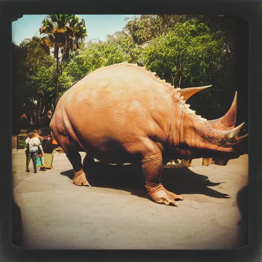 Image similar to photograph of a polaroid of a triceratops exhibit at san diego zoo, tourists in background, bokeh, high definition, slr, golden hour, realistic skin