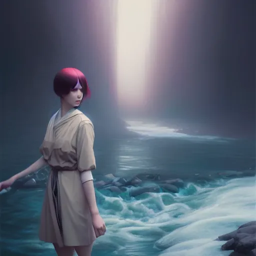 Image similar to girl by tom bagshaw, walking past a flowing river by ilya kuvshinov, rtx reflections, octane render 1 2 8 k, extreme high intricate details by wlop, digital anime art by ross tran, medium shot, close up shot, composition by sana takeda, dramatic lighting by greg rutkowski