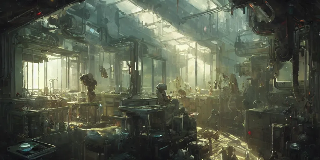 Image similar to extremely detailed portrait of a biopunk laboratory seen from within the sunny window, artstation, cinematic, by greg rutkowski, overrun by rabbits, devastated