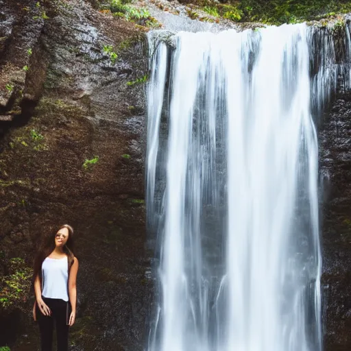 Image similar to a beautiful young woman, standing in a waterfall, hyper realistic, 8k, cinematic lighting, perfect symmetry, DSLR,