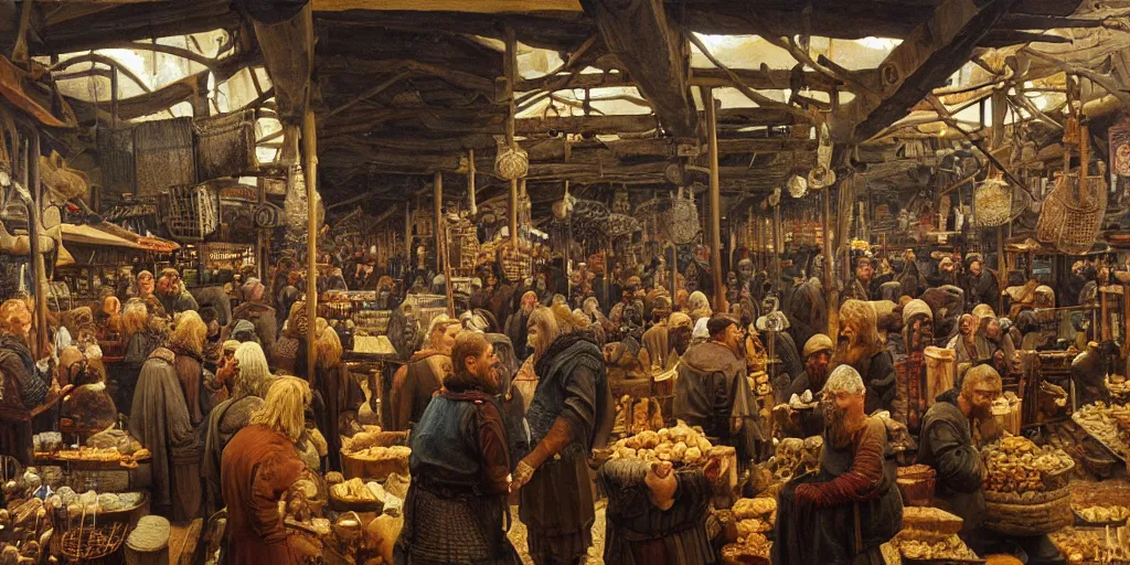 Image similar to Highly detailed viking period oil painting of aviking market, strong atmosphere, oil painting masterpiece by Josep Tapiró Baró, symmetry, fractals