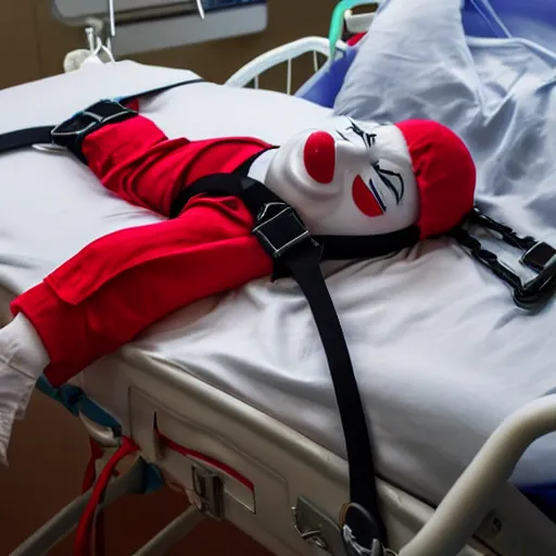 Image similar to crazy clown strapped in hospital bed with wrist restraints on, restraints have fabric straps attached to hospital bed, photograph, 8 k