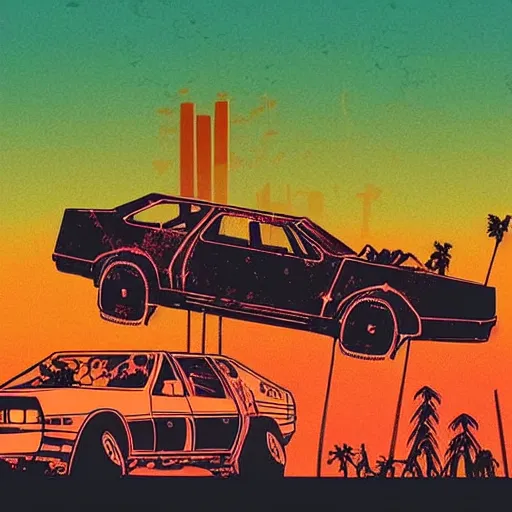 Image similar to wasteland destroyed hotline miami car wide shot epic post apocalyptic landscape miami nuke fire craters end of the world miami beach sunset vapor wave palm trees 80s synth retrowave delorean decal