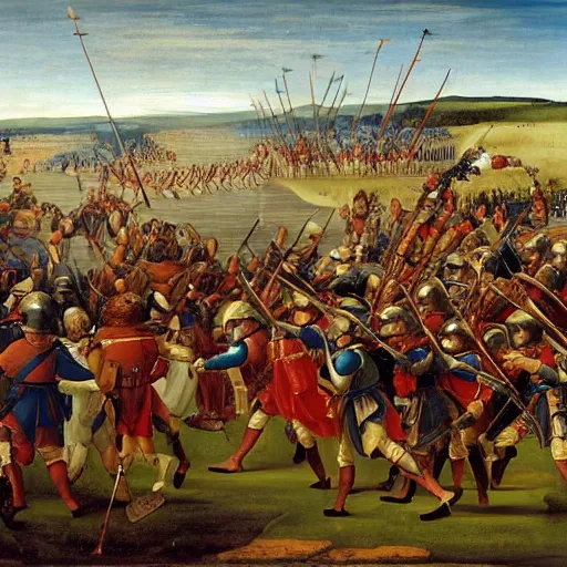 Image similar to a renaissance painting of a line of pikemen moving into battle, taken from the front.