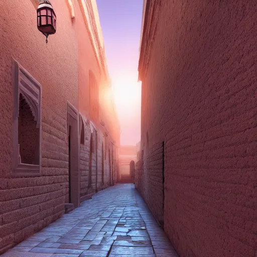 Prompt: ancient moroccan architecture alleyway, skylights, light shafts, hyper - realistic, cinematic lighting, highly detailed and intricate, sunset, cinematic, atmospheric, octane render h 7 2 0