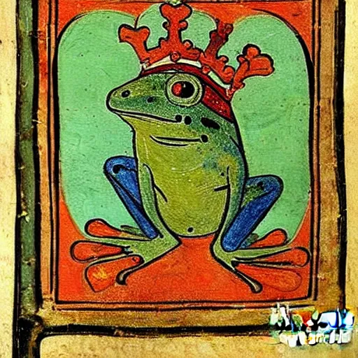 Image similar to beautiful medieval book manuscript painting of a frog wearing a crown