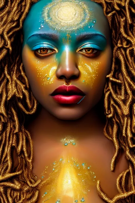 Image similar to hyperrealistic post - symbolist cinematic very beautiful! oshun goddess with white eyes, yoruba body paint, dripping droplet lips, gold flowers, highly detailed digital art masterpiece, smooth etienne sandorfi eric zener dramatic pearlescent soft teal light, ground angle uhd 8 k, sharp focus