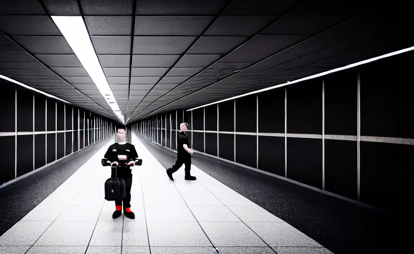 Image similar to Black quadcopters swarm the wide hallways in a futuristic prison underground with brutalist architecture, staff can be seen carrying black duffel bags, sigma 85mm f/1.4, 4k, depth of field, high resolution, 4k, 8k, hd, full color