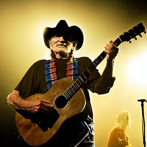 Image similar to willie nelson on stage, four fingers holdingguitar. god rays through fog.