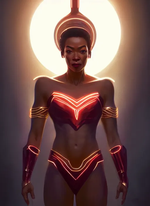 Image similar to portrait of modern darna, sonequa martin - green, intricate, elegant, glowing lights, highly detailed, digital painting, artstation, glamor pose, concept art, smooth, sharp focus, illustration, art by wlop, mars ravelo and greg rutkowski