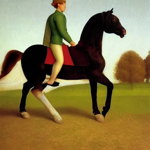 Image similar to a horse-training-show by Raphael, Hopper, and Rene Magritte. detailed, romantic, enchanting, trending on artstation.