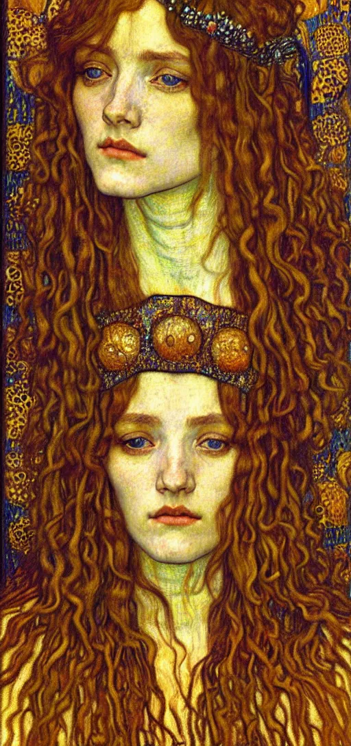 Image similar to detailed realistic beautiful young medieval queen face portrait by jean delville, gustav klimt and vincent van gogh, art nouveau, symbolist, visionary, gothic, pre - raphaelite, muted earthy colors, desaturated