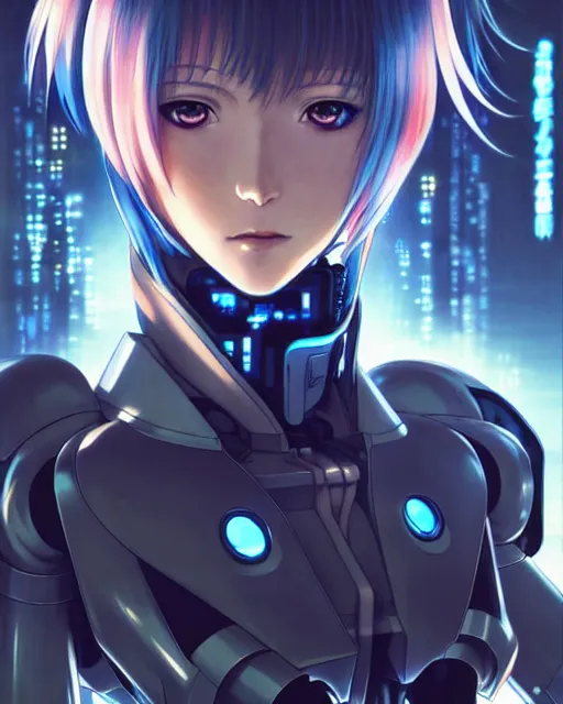 Image similar to portrait Anime Girl in mecha armor in night tokyo Sharp fine face pretty face, realistic shaded Perfect face, fine details. Anime. cyberpunk realistic shaded lighting by katsuhiro otomo ghost-in-the-shell, magali villeneuve, artgerm, rutkowski Jeremy Lipkin and Giuseppe Dangelico Pino and Michael Garmash and Rob Rey