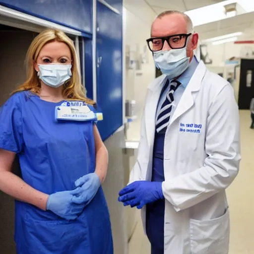 Image similar to an nhs surgeon looks scared of a liz truss demon